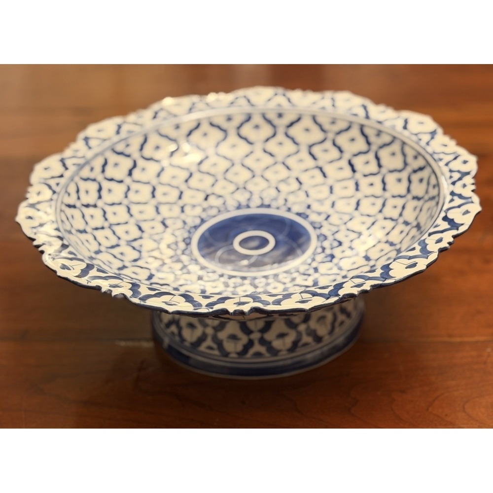 Large‎ 12" Vintage Thai Blue White Porcelain Pedestal Offering Bowl